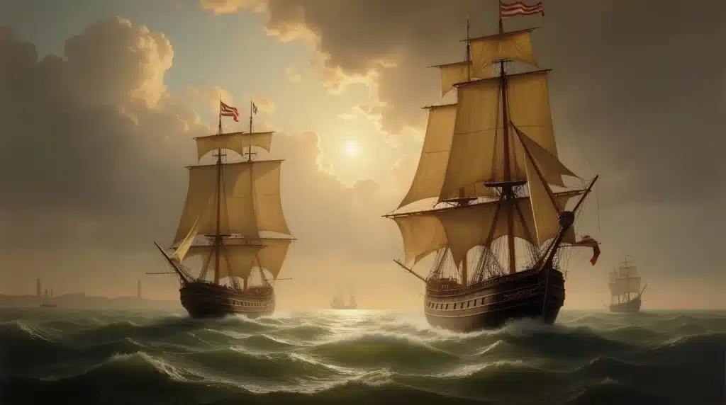 Old trading ships on the water